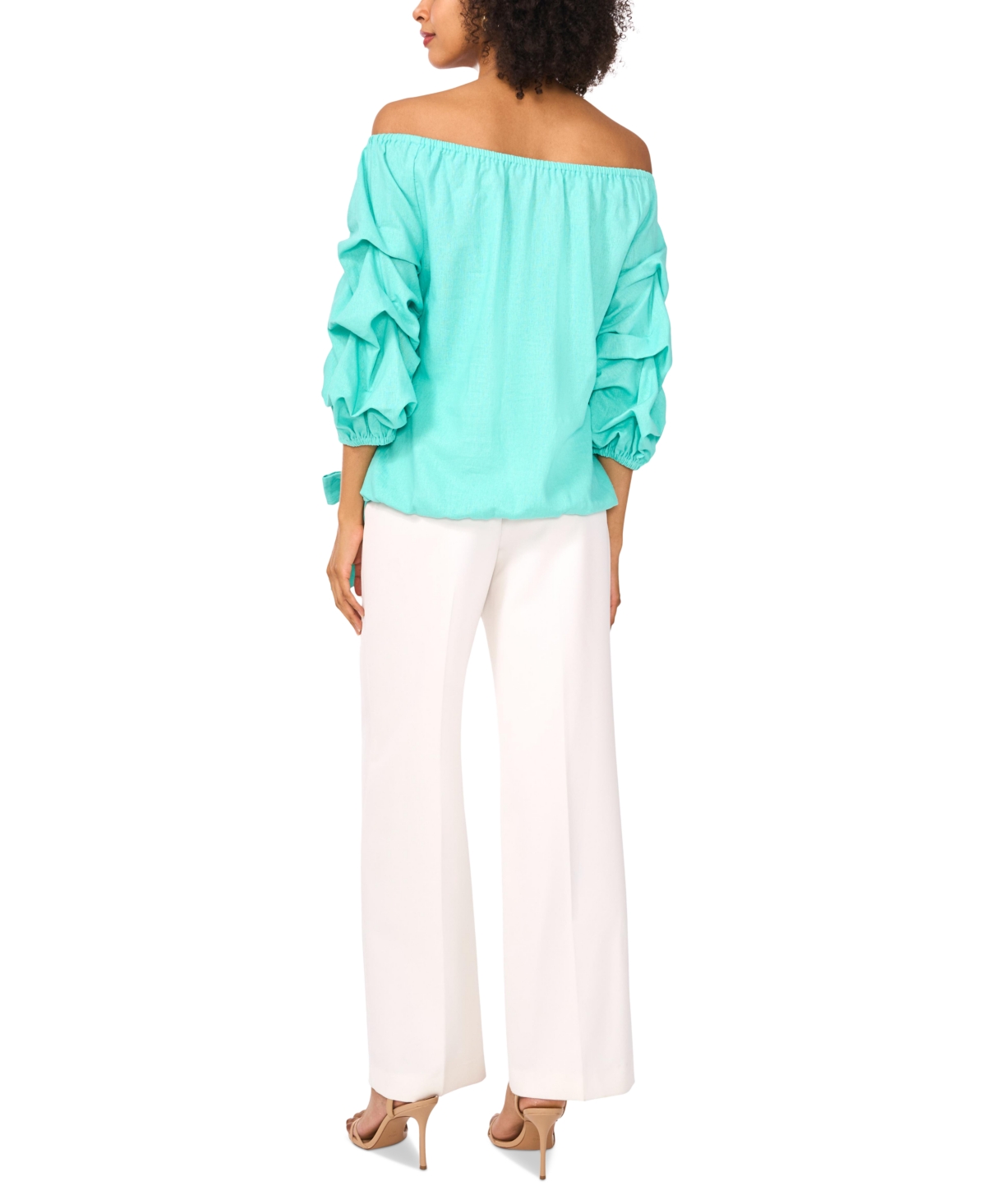 Shop Vince Camuto Women's Linen-blend Off The Shoulder Bubble Sleeve Tie Front Blouse In Ocean Tide