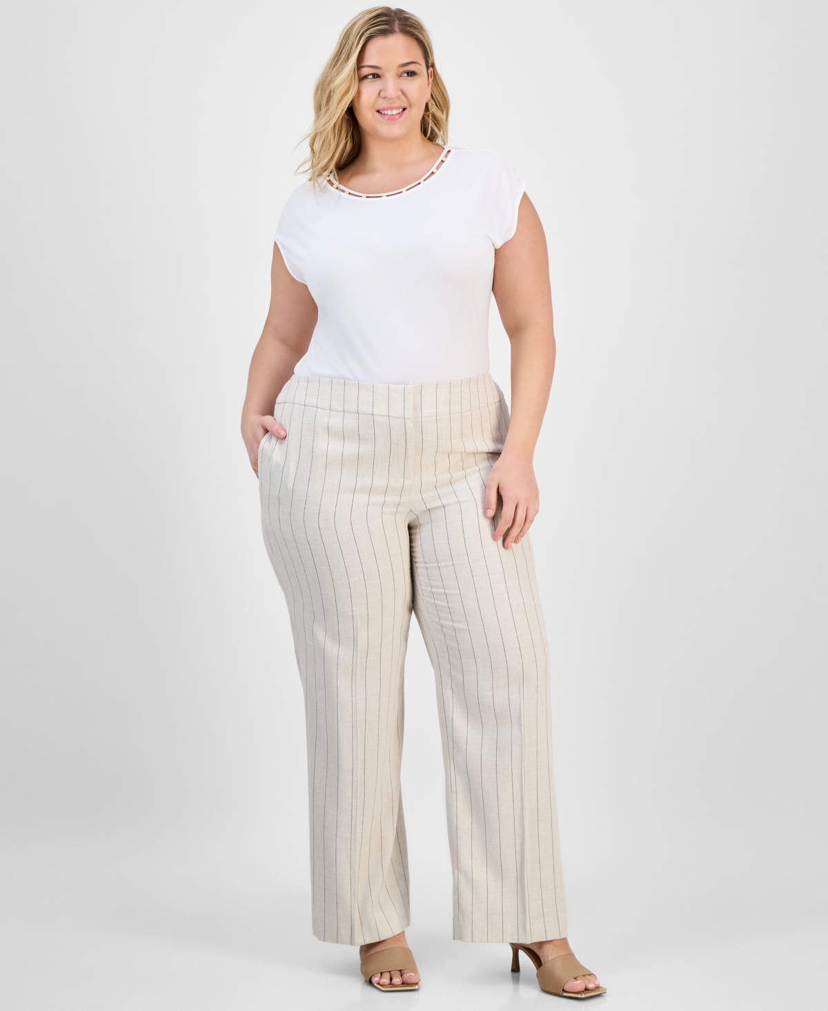 Plus Size Mid-Rise Striped Wide-Leg Pants - Parchment/Black