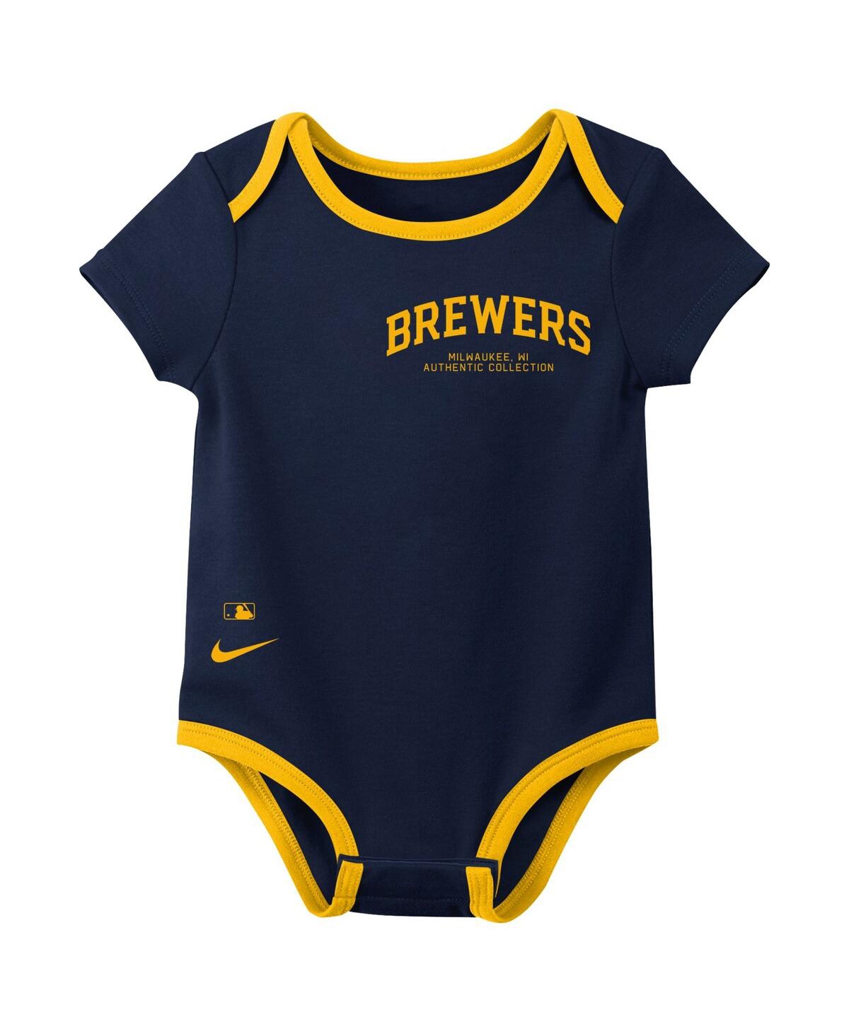 Nike Baby Boys And Girls Milwaukee Brewers Authentic Collection 3-pack Bodysuit Set In Navy,gray