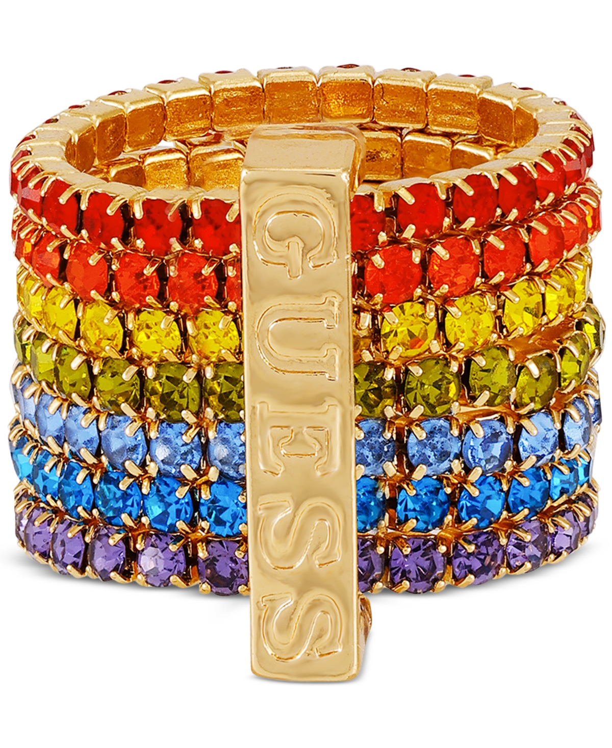 Gold-Tone Rainbow Rhinestone Multi-Row Stretch Ring - Gold