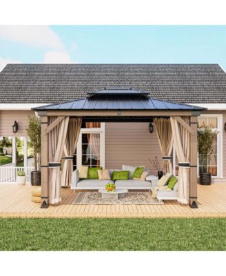 12 Ft. W x 10 Ft. D Solid Cedar Wood Patio Gazebo with Curtains and Mesh Screens