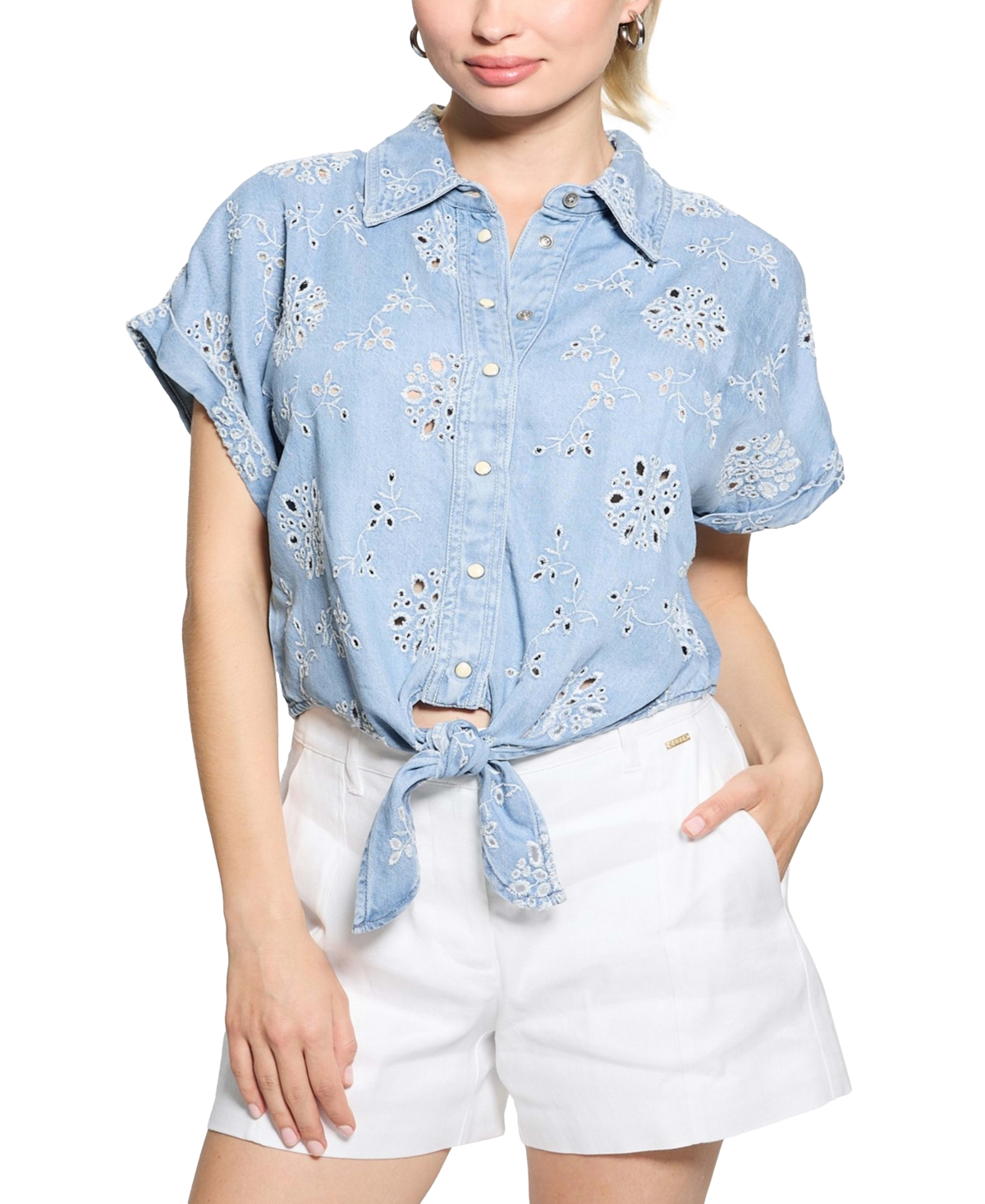 GUESS WOMEN'S BRIGITTE EYELET TIE-FRONT CAP-SLEEVE SHIRT 