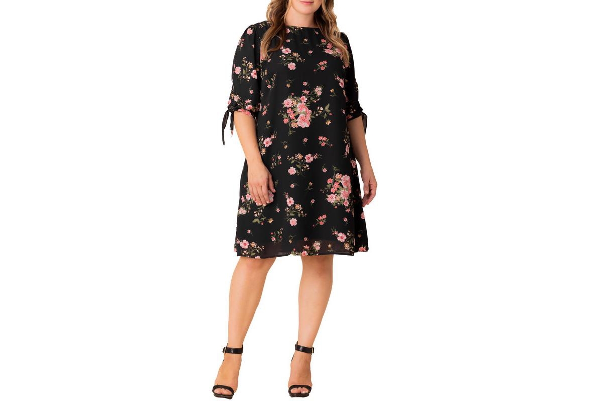 Plus Size Manhattan Shift Dress with Tie Sleeves - Midnight pink poppies