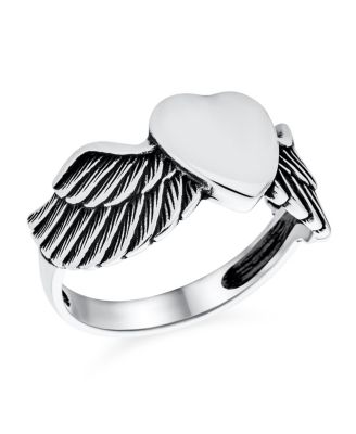 Religious Spiritual Heart Angel Wing Feather Band Ring Oxidized .925 Sterling Silver Or Stainless Steel
