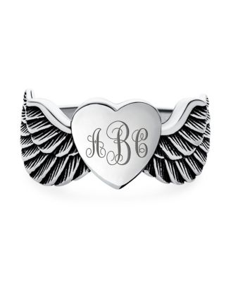 Religious Spiritual Heart Angel Wing Feather Band Ring Oxidized .925 Sterling Silver Or Stainless Steel