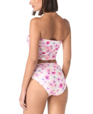 Carmen Marc Valvo Womens Bandeau Shirred Top Bikini Bottoms In White Multi