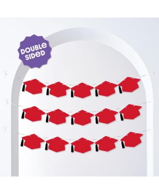 Red Graduation Cap Garland Banner, 10 Feet of Cord, 15 Hats with Tassels