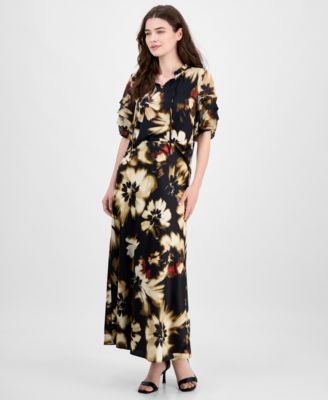 Petite Floral-Print Ruched-Sleeve Top