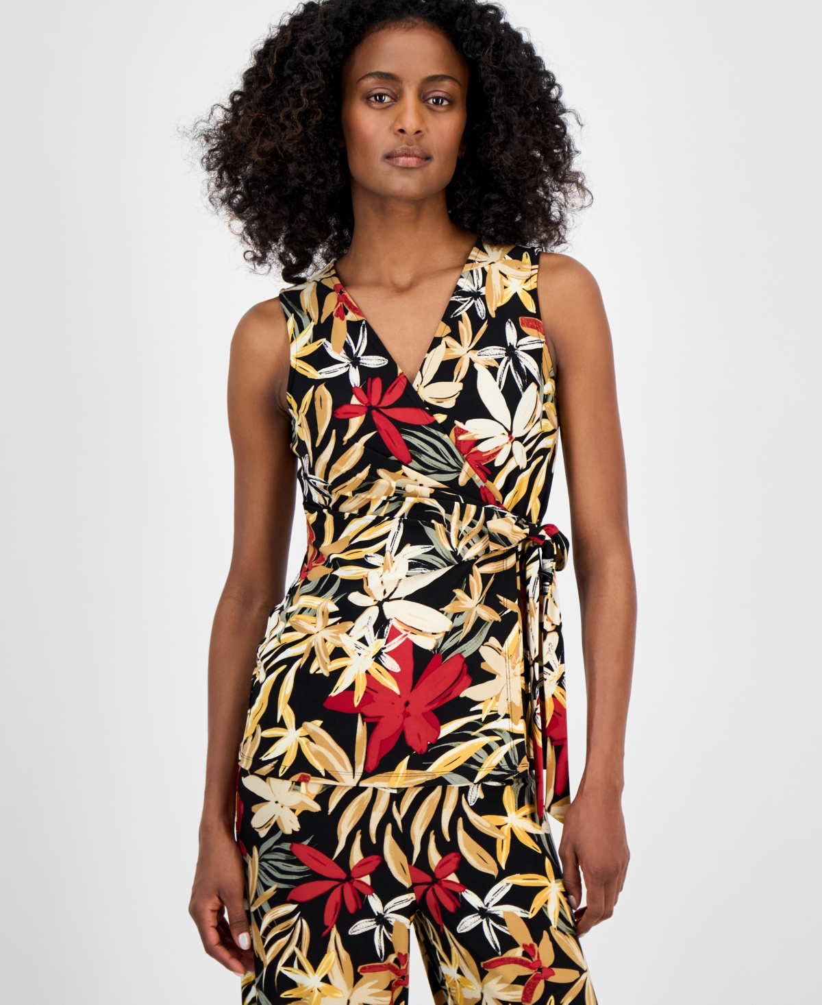 Anne Klein Women's Sleeveless Printed Wrap Blouse In Black
