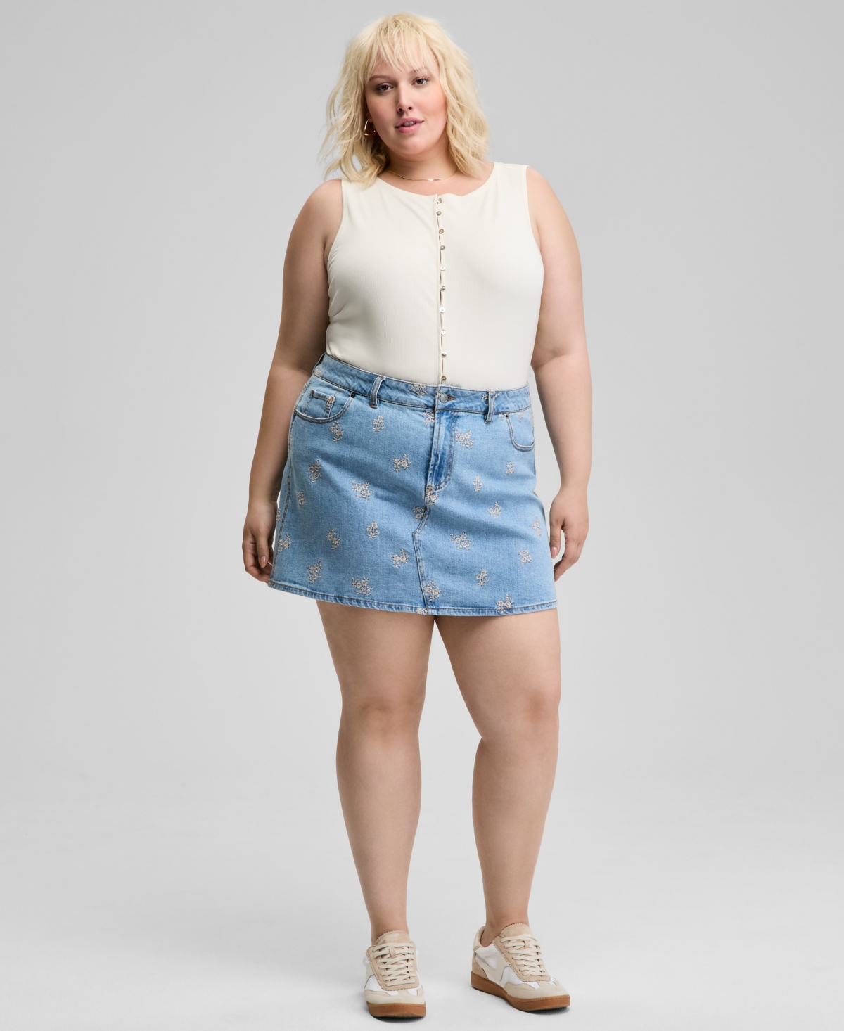 Trendy Plus Size Floral-Embroidered Denim Skirt, Exclusively at Macy's - Blue Wash