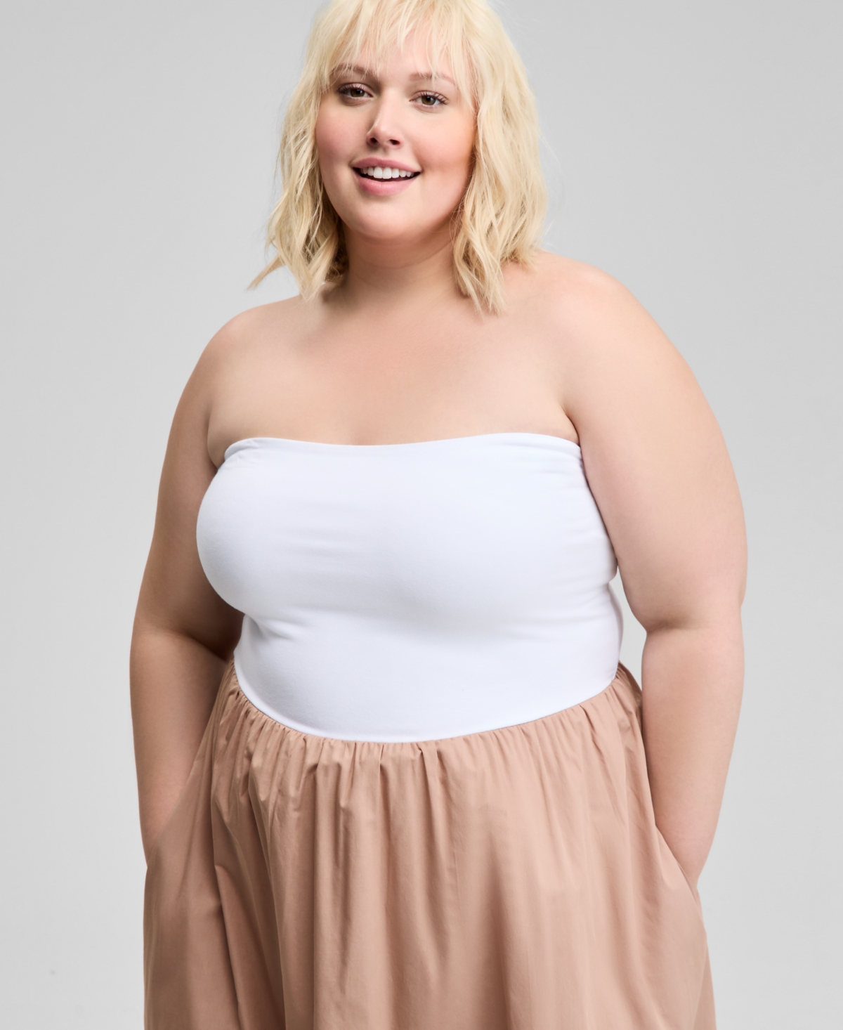 And Now This Women's Strapless Mixed Media Bubble-hem Midi Dress, Exclusively At Macy's In Nude