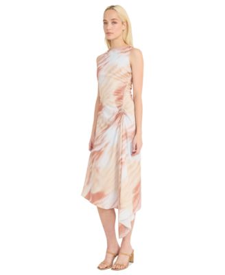 Women's Printed Ruched Asymmetrical Midi Dress