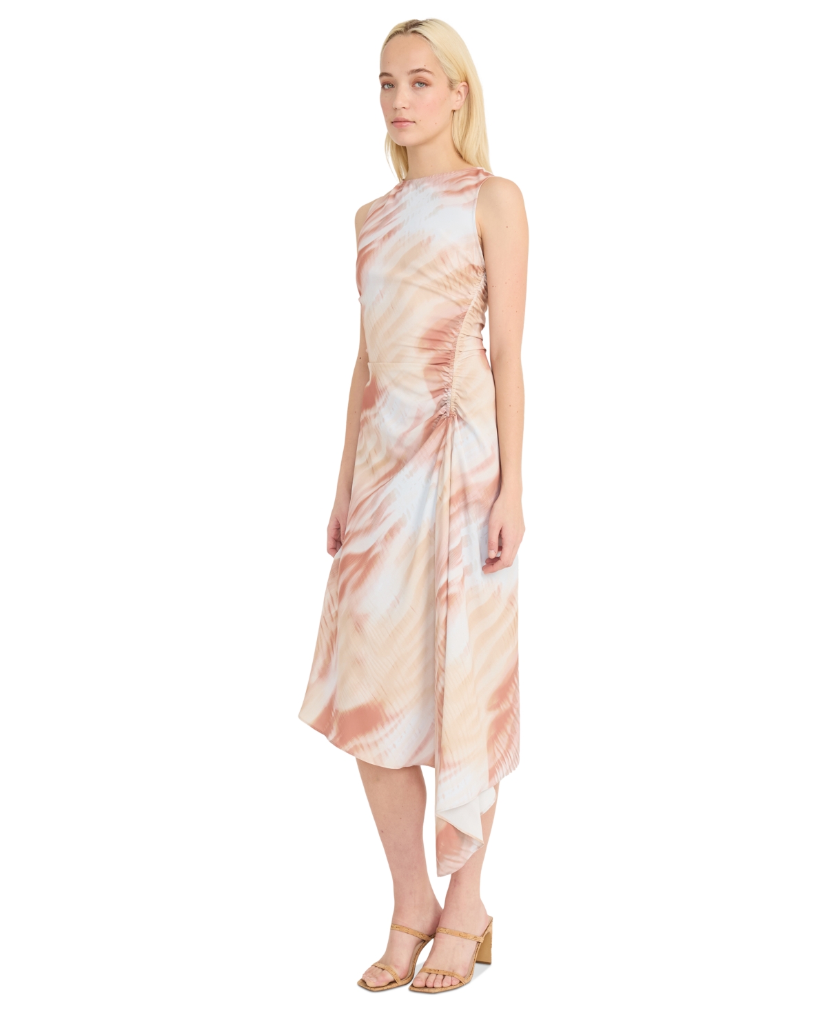 Luxely Women's Printed Ruched Asymmetrical Midi Dress In Light White Smoke,buff