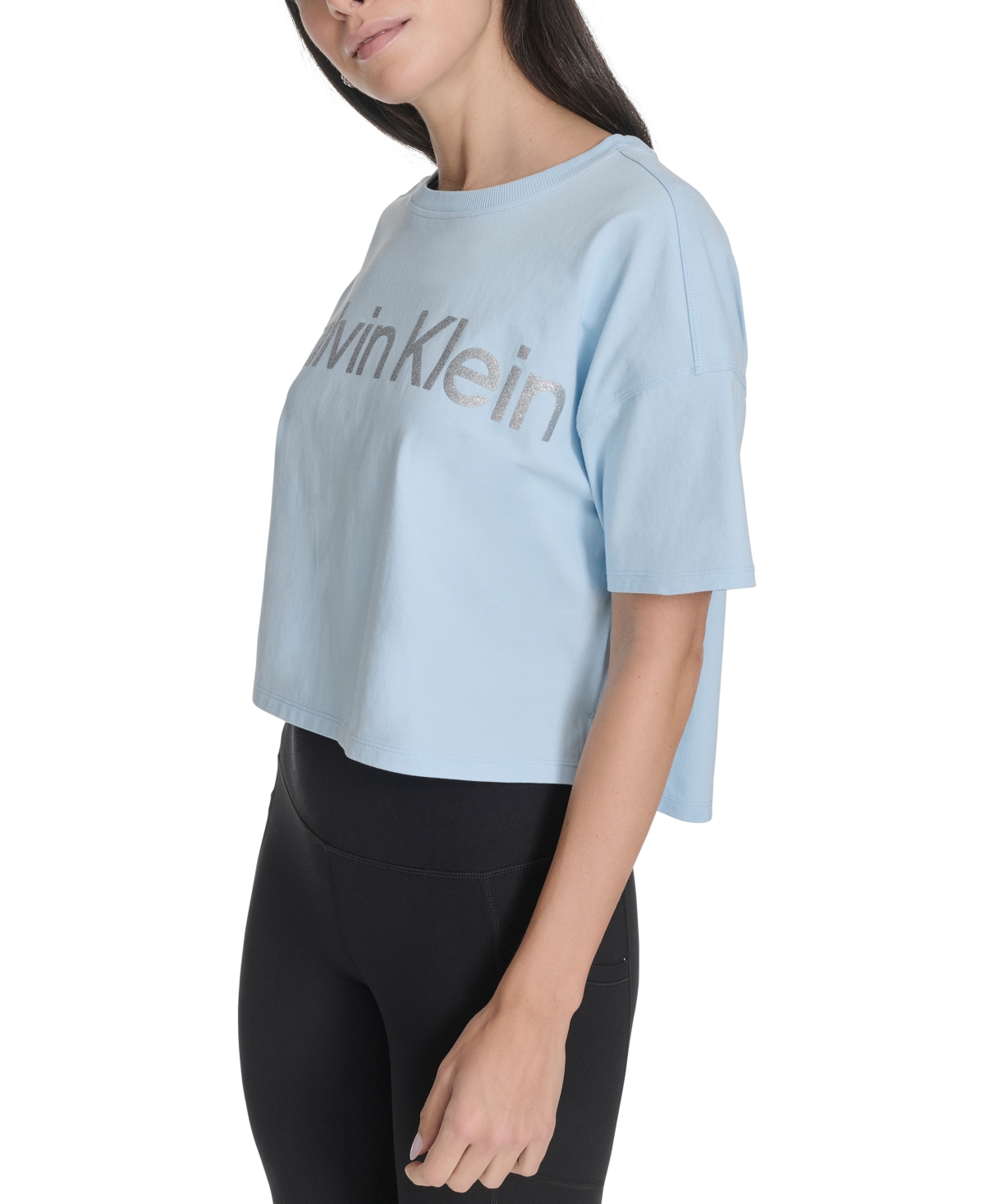 Calvin Klein Performance Women's Glitter Logo High-low Cropped Tee In Blue