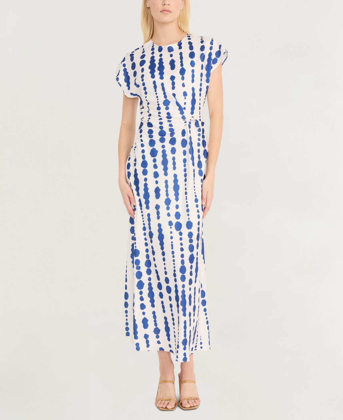 Luxely Printed Twist Front Midi Dress In Ivory,blue