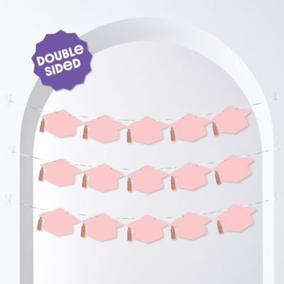 Rose Gold Graduation Cap Garland Banner, 10 Feet of Cord, 15 Hats with Tassels