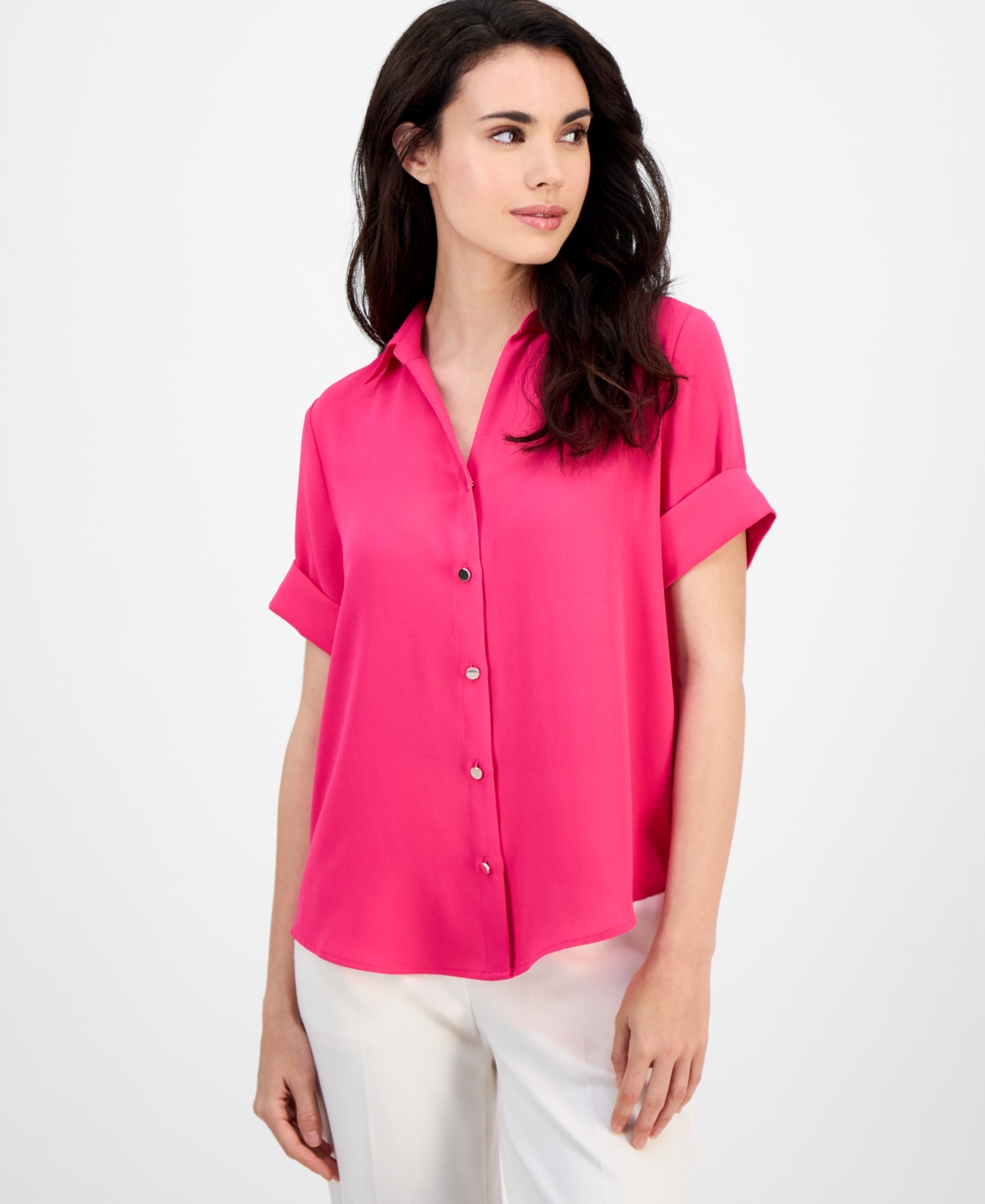AK ANNE KLEIN PETITE COLLARED BUTTON-FRONT SHIRT 