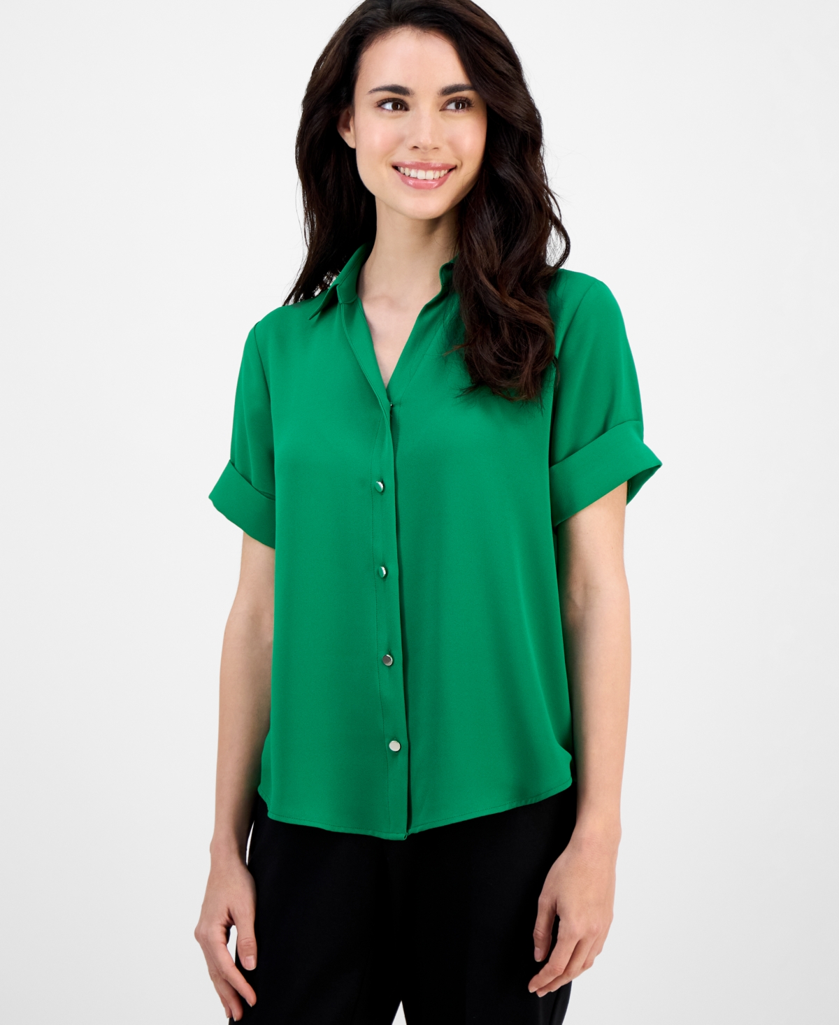 AK ANNE KLEIN PETITE COLLARED BUTTON-FRONT SHIRT 