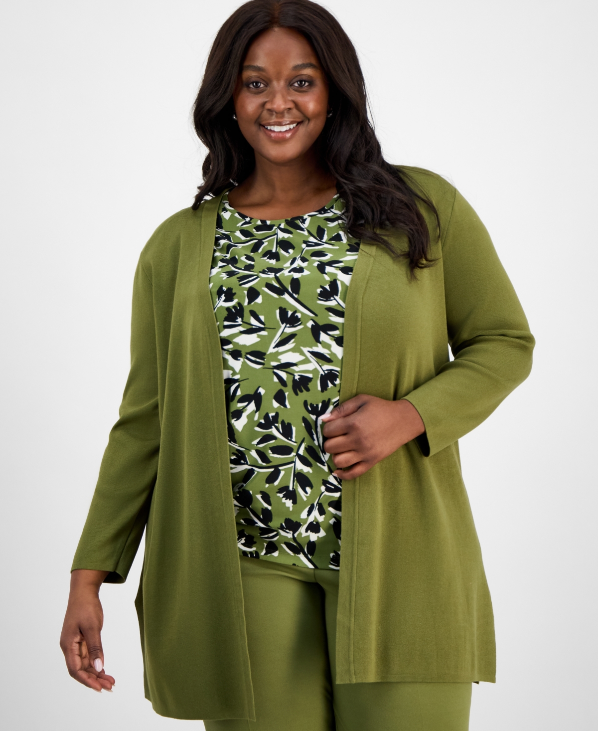 Ak Anne Klein Plus Size Open-front Side-slit Cardigan