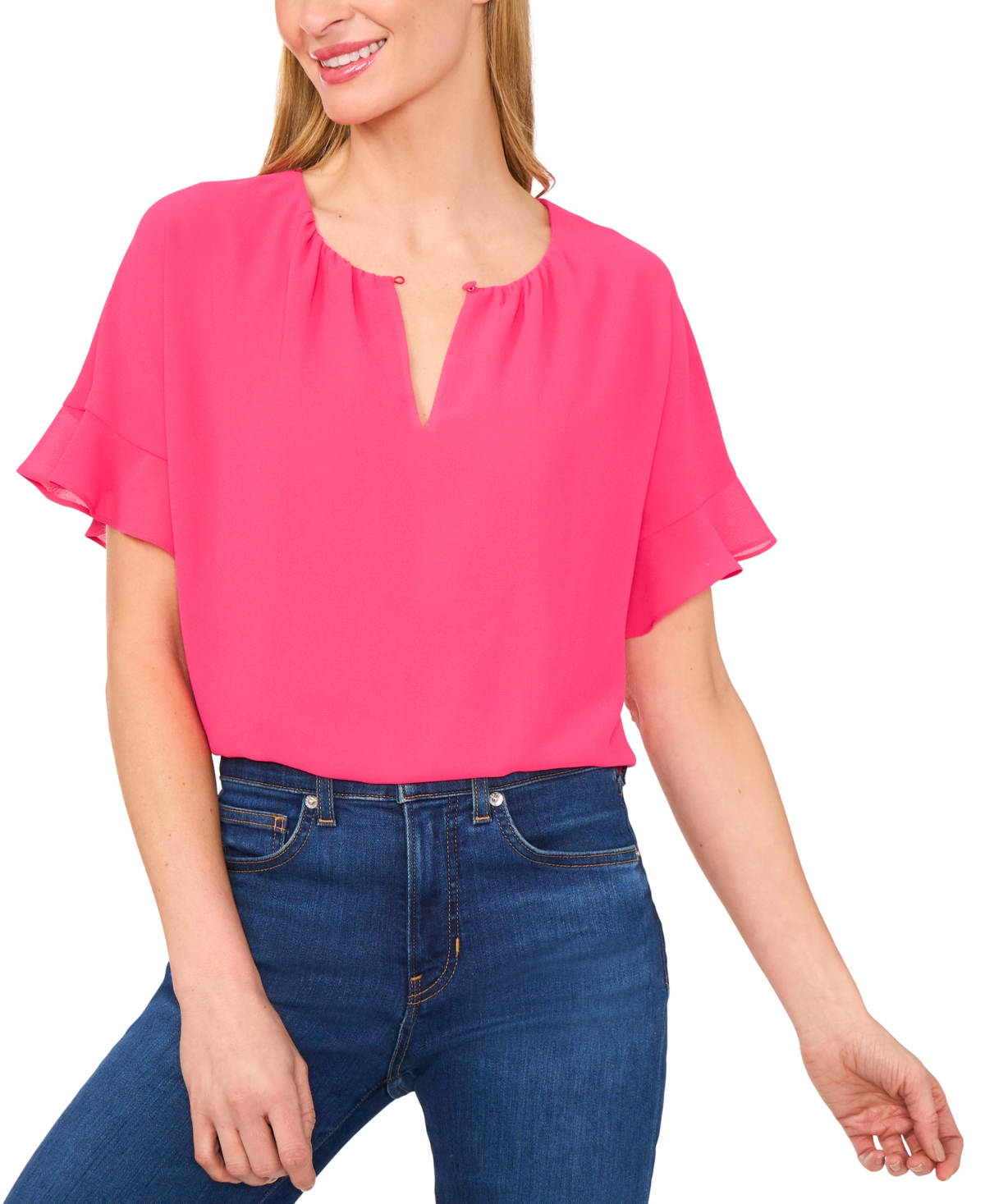 CECE WOMEN'S SHORT-SLEEVE HALF BUTTON FLOWY BLOUSE 
