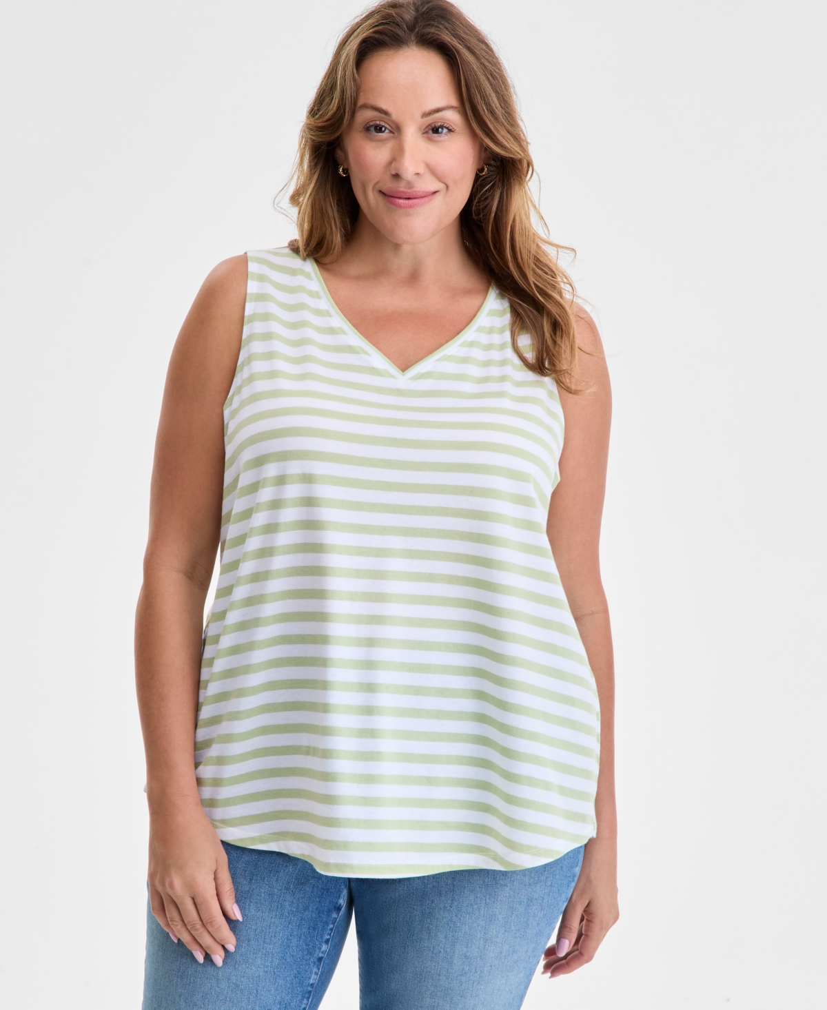 Plus Size V-Neck Printed Perfect Tank Top, Exclusively at Macy's - Moss Cavern Combo