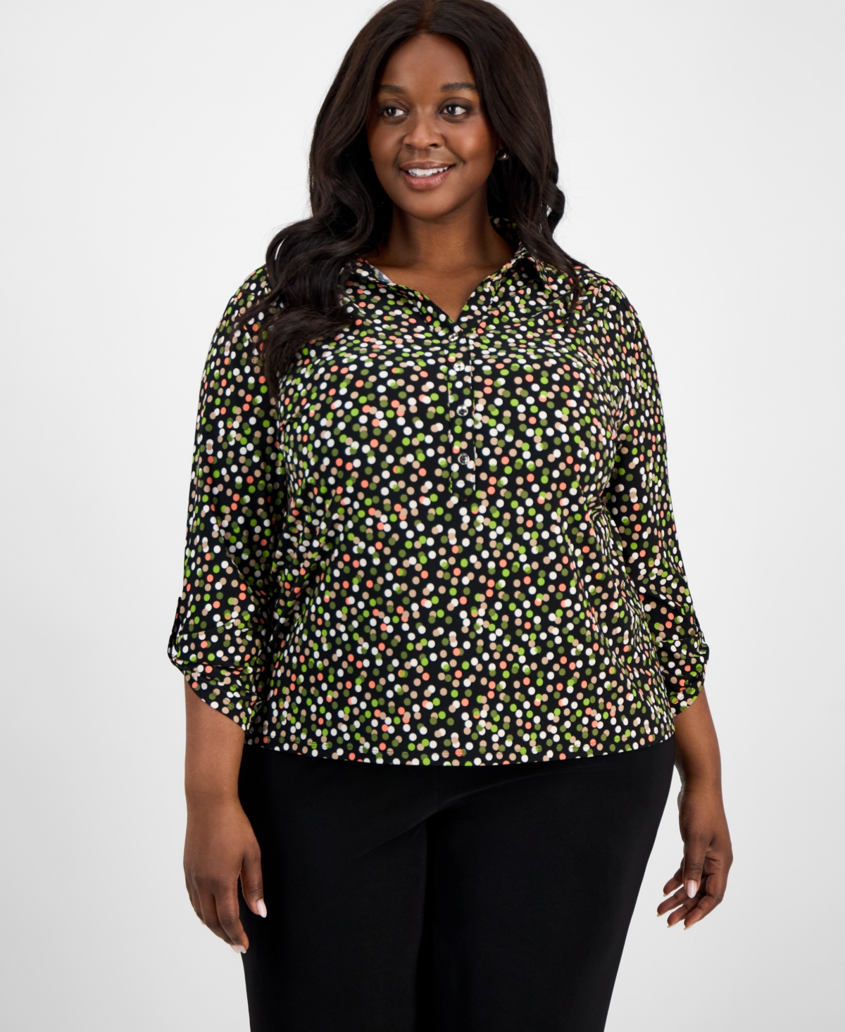 Plus Size Button Roll-Tab Printed Blouse - Anne Black Multi