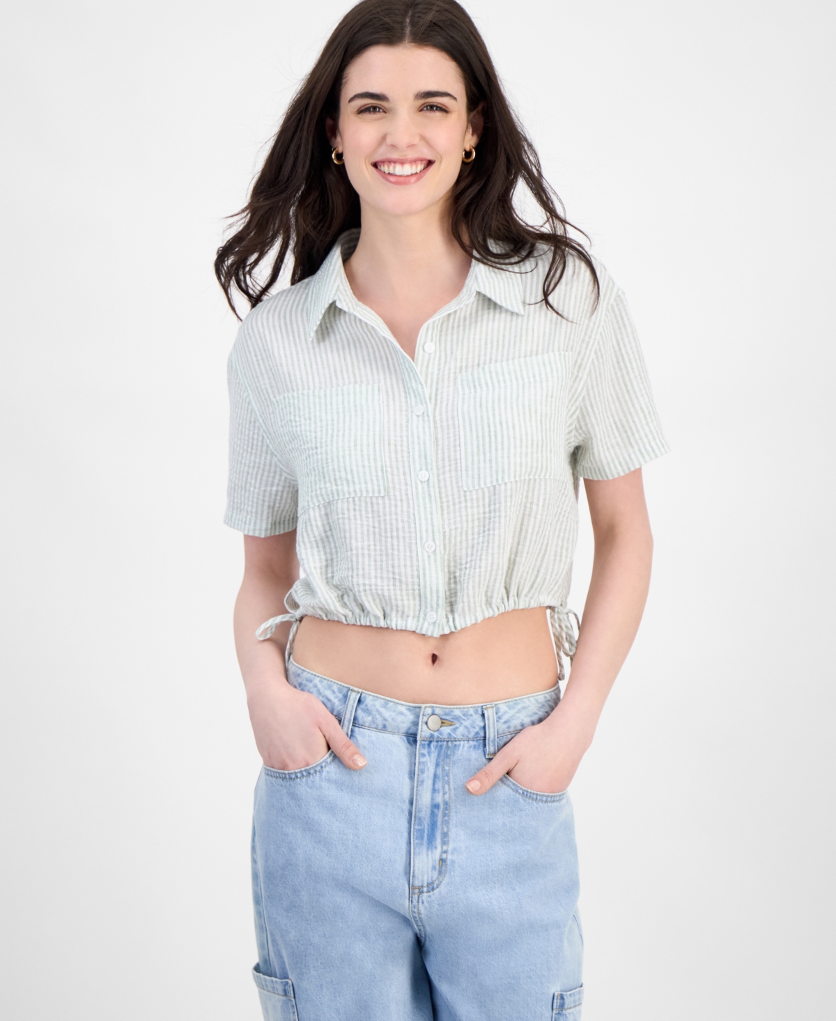 Juniors' Cropped Stripe Side-Tie Blouse - Newport Stripe