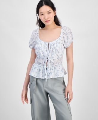 Hippie Rose - Juniors' Shirred Tie-Front Peasant Top