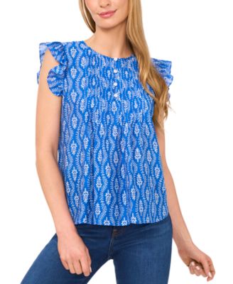 CeCe - Women's Floral Button-Front Ruffle-Sleeve Blouse