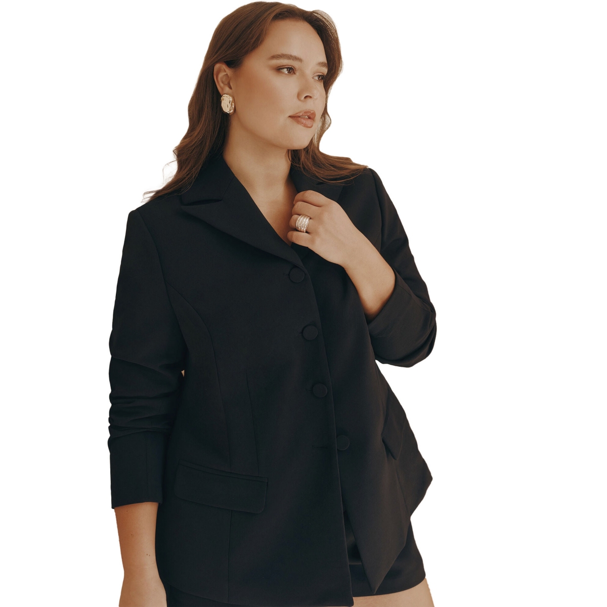 Plus Size Fitted High Neckline Blazer - Black onyx