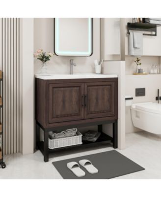 36" Freestanding Ceramic Sink Bathroom Vanity with Faucet and Iron Shelf Cabinet
