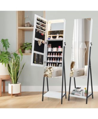 Lockable Freestanding Jewelry Organizer with Full-Length Frameless Mirror