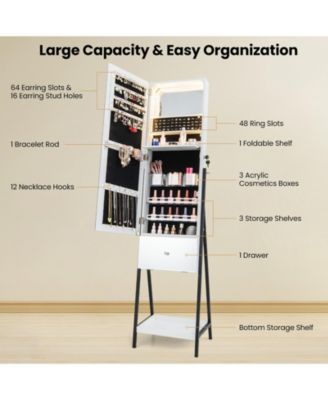Lockable Freestanding Jewelry Organizer with Full-Length Frameless Mirror