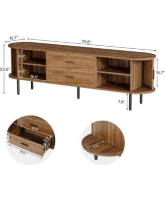 70" Walnut Wood TV Stand Fluted Tambour Doors Drawers & Adjustable Shelves Mid-Century Entertainment Console