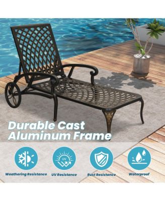 Outdoor Cast Aluminum Chaise Lounge Chair with Wheel and Cushion