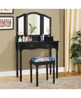Simple Vanity Set with Tri-Folding Mirror Drawers and Storage Shelf