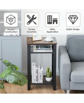 3-Tier Industrial End Table with Metal Mesh Storage Shelves