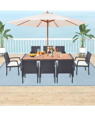 9 Pieces Patio Rattan Dining Set with Acacia Wood Table for Backyard Garden-L-shaped Handrail