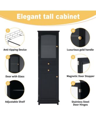 63&amp;#x22; MDF Tall Bathroom Storage Cabinet with Glass Doors, Drawers and Adjustable Shelves