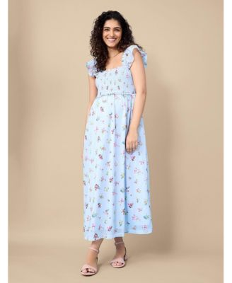 Women's Sleeveless Ruffle Shoulder Smocked Maxi Dress - Motherhood Maternity