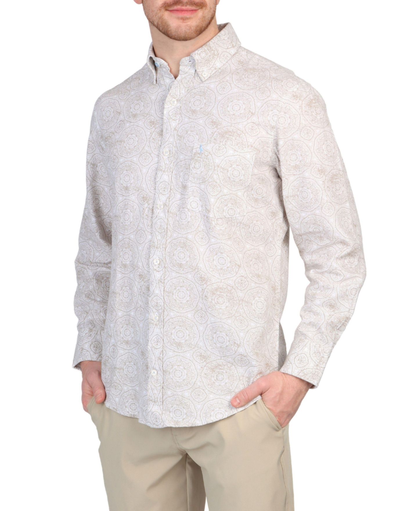 Мужская рубашка Tailorbyrd Big & Tall Batik Printed Linen Blend Long Sleeve, цвет: Белый — фото 1