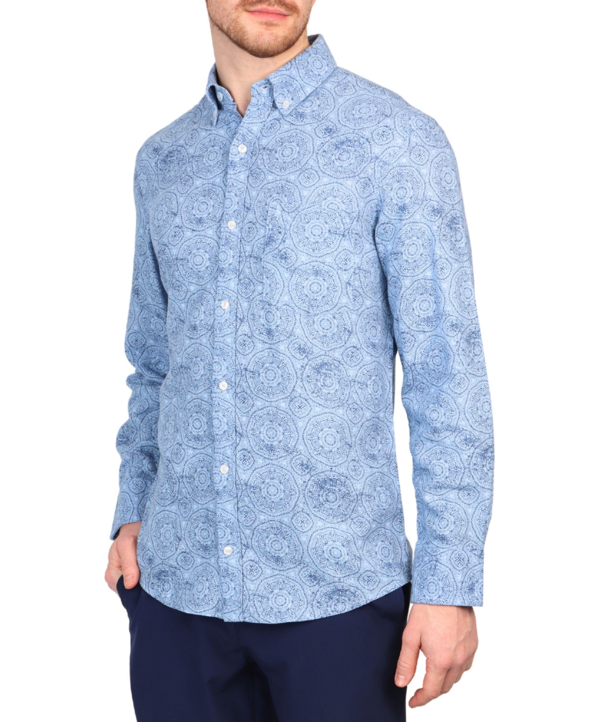 Men's Batik Printed Linen Blend Long Sleeve Shirt - Lt blue