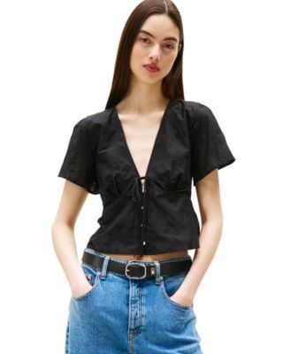 Women's Cotton Embroidered Plunging-Neck Blouse