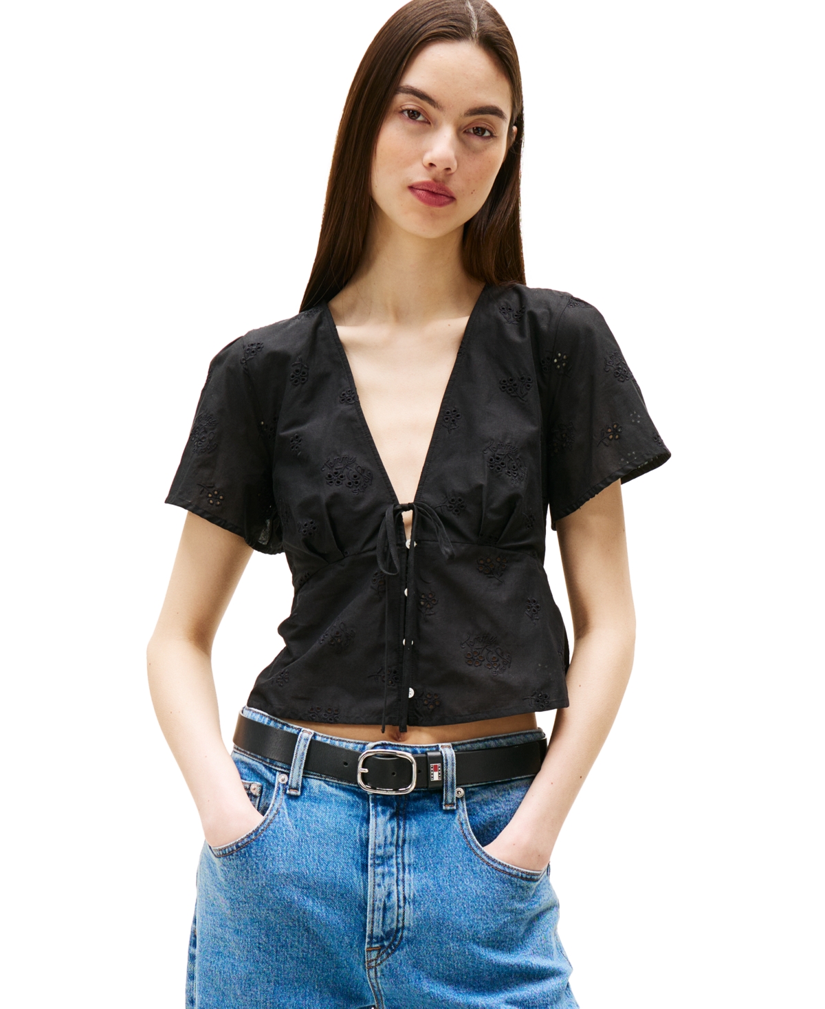 Tommy Jeans Women's Cotton Embroidered Plunging-neck Blouse In Black