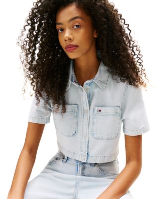 Women's Cropped Short-Sleeve Denim Shirt