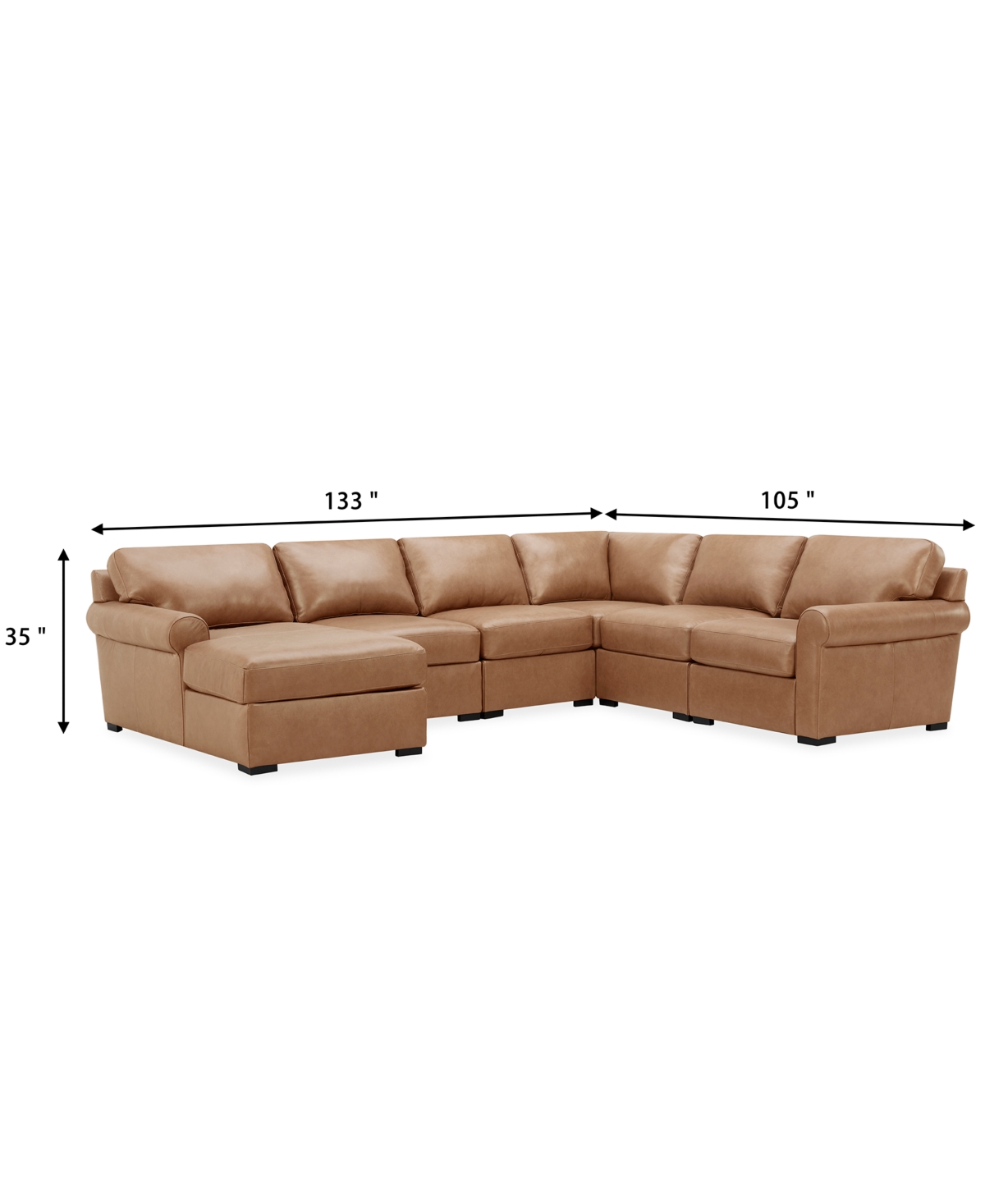 Macy's Radley Roll Arm 132" 6-pc. Leather Square Corner Chaise Sectional, Exclusively At