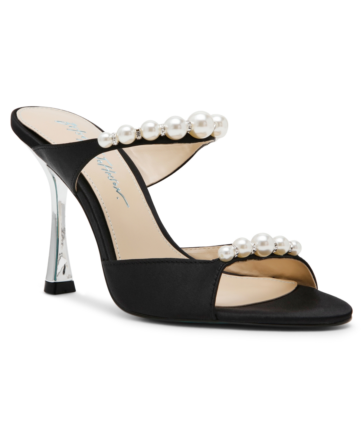 BETSEY JOHNSON WOMEN'S LACY EMBELLISHED SATIN HEELED MULES 