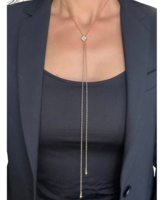 Beaded Chain Lariat Necklace with CZ Accent