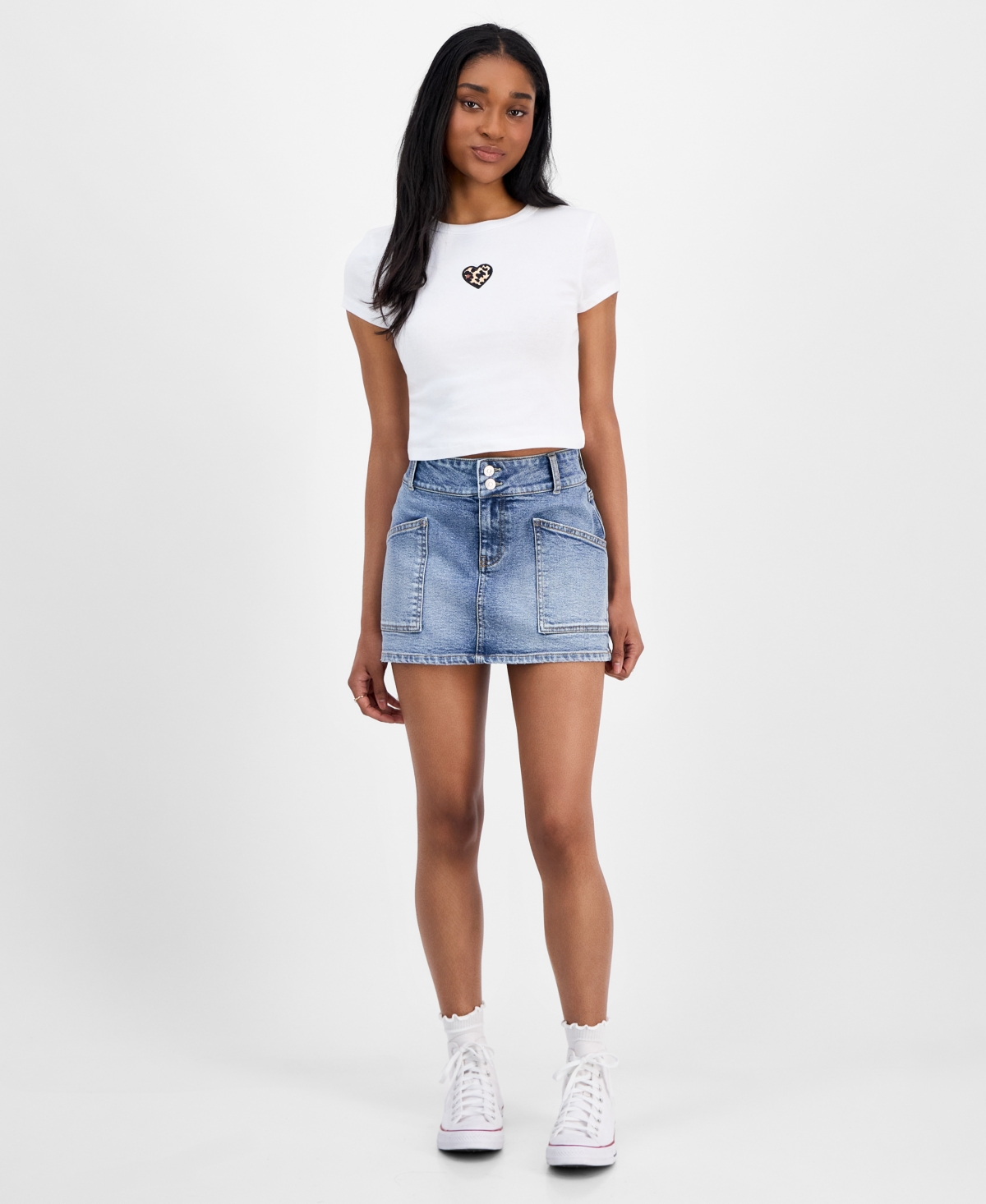 Juniors' Double-Button Mini Denim Skirt - Leopard