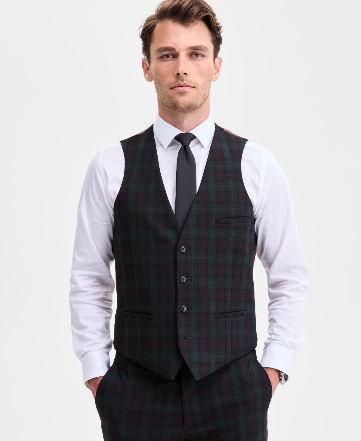 Мужской приталенный костюм в зеленую и бордовую клетку с отдельным жилетом, эксклюзивный Macy's